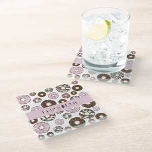Dessous-de-verre En Verre Donuts Roses, Donuts Brown, Sprinkings, Votre Nom