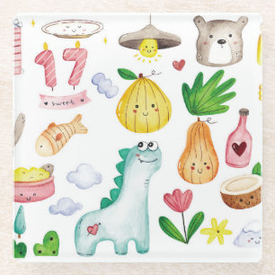 Dessous-de-verre En Verre Doodles d'aquarelle Kawaii, autocollant prêt.