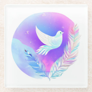 Dessous-de-verre En Verre Dove blanche avec plumes roses et bleues