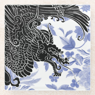 Dessous-de-verre En Verre Dragon asiatique - Noir et Blanc sur fond floral b
