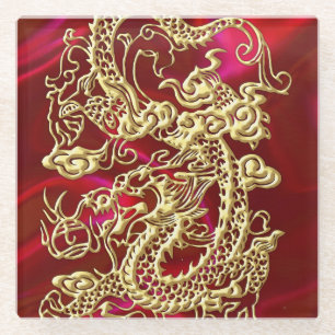 Dessous-de-verre En Verre Dragon doré en relief sur soie rouge imprimée