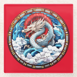 Dessous-de-verre En Verre Dragon mythique asiatique en rouge et bleu