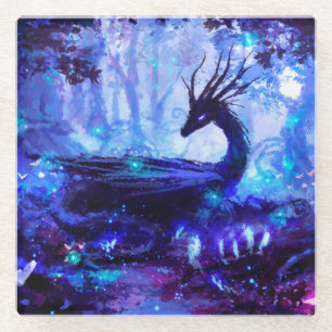 Dessous-de-verre En Verre Dragon noir, scène de forêt nocturne.