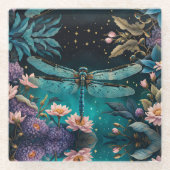 Dessous-de-verre En Verre Dragonfly dans un jardin fleuri la nuit (Devant)
