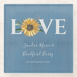 Dessous-de-verre En Verre Dusty Blue Barn Wood, Mariage de tournesol doré