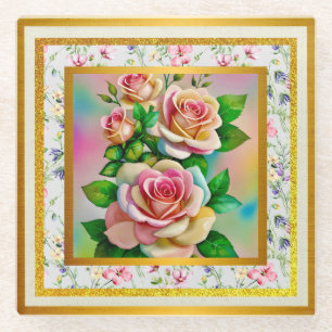 Dessous-de-verre En Verre Elégance Rose rose et jaune Aquarelle Pastel