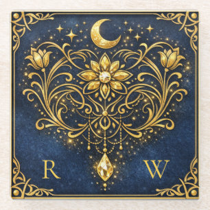 Dessous-de-verre En Verre Élégance Vintage Or Mystique Monogramme Céleste