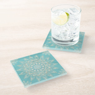 Dessous-de-verre En Verre Elégant Blanc Gold Mandala Sky Blue Design