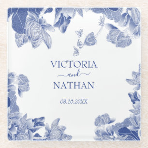 Dessous-de-verre En Verre Elégant bleu blanc Chinoiserie Chic Floral Mariage