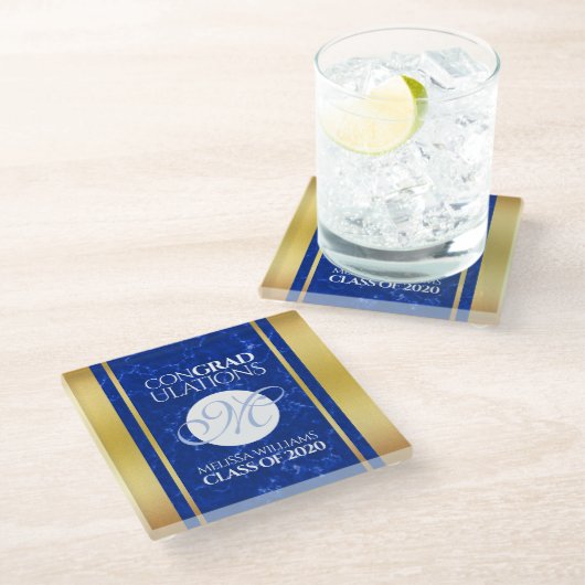 Dessous-de-verre En Verre Élégant Graduation Monogramme Bleu Marbre Or Huile (Incliné)