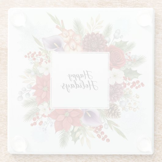 Dessous-de-verre En Verre Elegant Holiday Floral Wreath Happy Holidays (Dos)