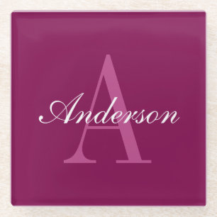 Dessous-de-verre En Verre Élégant Magenta Rouge, rose & blanc Nom & Monogram