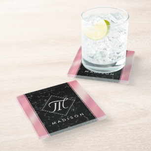 Dessous-de-verre En Verre Élégant marbre noir et monogramme à huile rose