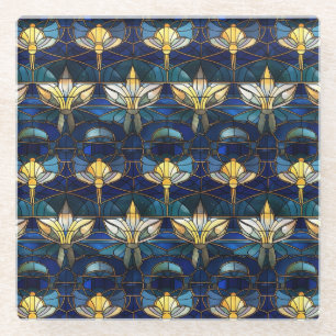 Dessous-de-verre En Verre Élégant motif de faux vitrail en lotus doré