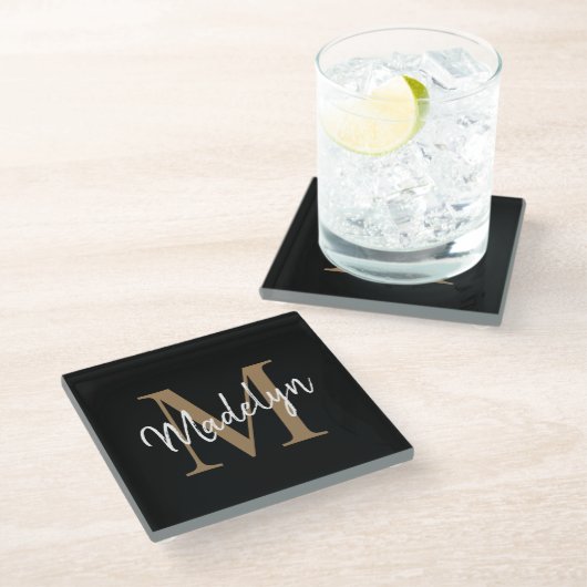 Dessous-de-verre En Verre Élégant Noir Monogramme Or Feminine Nom du script (Incliné)