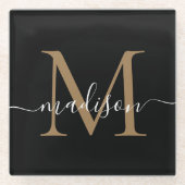 Dessous-de-verre En Verre Élégant Noir Monogramme Or Feminine Nom du script (Devant)
