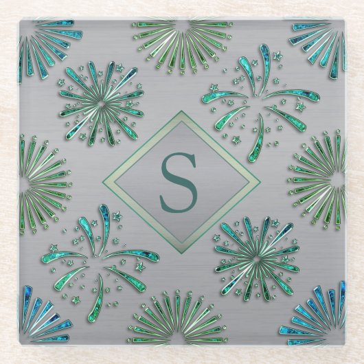 Dessous-de-verre En Verre Elegant Ornate Blue Green Pattern Monogram (Devant)