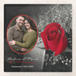 Dessous-de-verre En Verre Élégant Portrait Mariage Rose Rouge Vignette