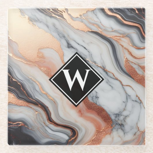 Dessous-de-verre En Verre Élégant Rose or noir marbre Monogramme (Devant)