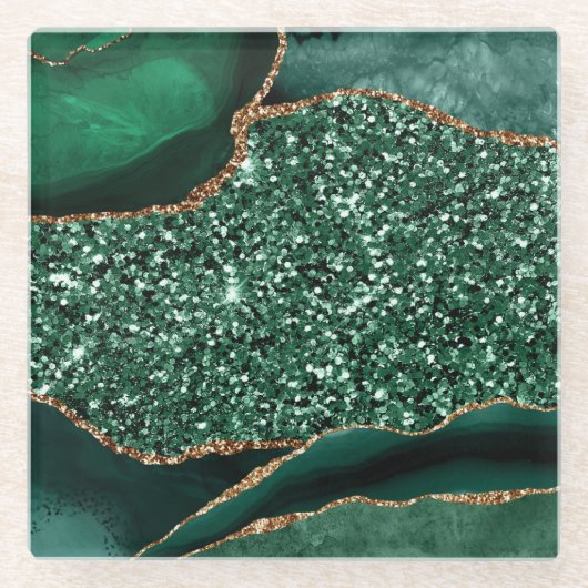 Dessous-de-verre En Verre Elégant Vert et Parties scintillant or Agate Océan (Devant)