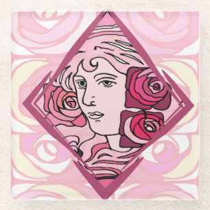 Dessous-de-verre En Verre Élégante femme Rose Art Nouveau