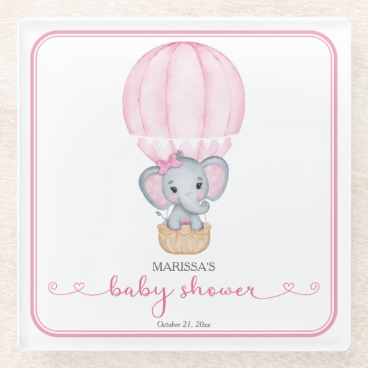 Dessous-de-verre En Verre Eléphant rose bébé fille douche (Devant)