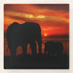 Dessous-de-verre En Verre Eléphants au coucher du soleil