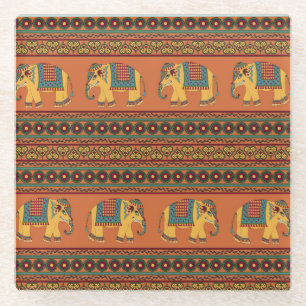 Dessous-de-verre En Verre Eléphants Indiens, Orange Traditionnel Sans Seamle