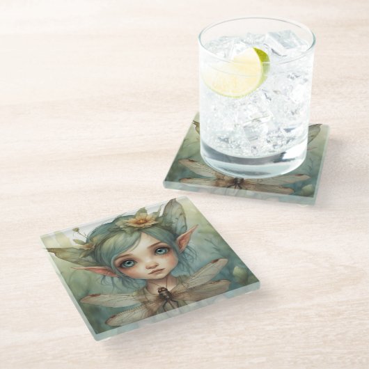 Dessous-de-verre En Verre Elfe et libellule 6 (Incliné)