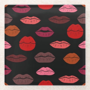 Dessous-de-verre En Verre Empreinte de lèvres, baisers rose rouge.