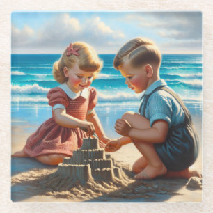 Dessous-de-verre En Verre Enfants Bâtir un château de sable sur la plage