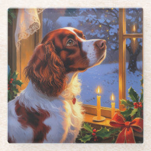 Dessous-de-verre En Verre Épagneul breton aux lumières de Noël