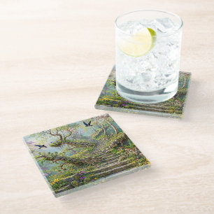 Dessous-de-verre En Verre Escalier surréaliste de printemps qui avale des fl