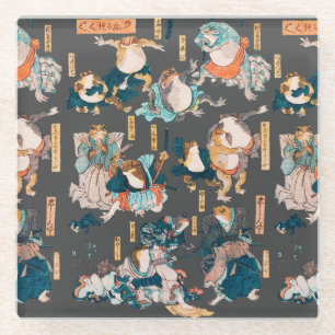 Dessous-de-verre En Verre Estampe japonaise de grenouille sur bois Kuniyoshi