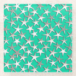 Dessous-de-verre En Verre étoiles d'argent sur turquoise