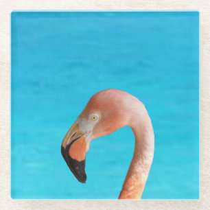Dessous-de-verre En Verre Face flamingo rose contre eau bleue sur
