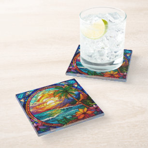 Dessous-de-verre En Verre falaises de plage tropicale vitrail