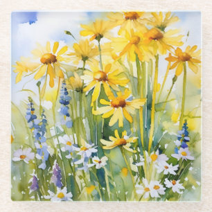 Dessous-de-verre En Verre Fantaisie Jaune joyeuse, fleur sauvage