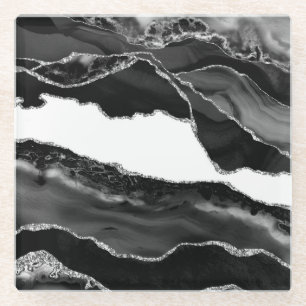 Dessous-de-verre En Verre Fausse Agate Marbrée Noir Blanc Pierre Moderne Ten