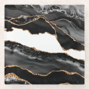 Dessous-de-verre En Verre Faux Marblé Agate Black Stone Luxe