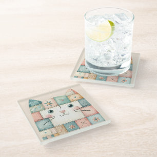 Dessous-de-verre En Verre Faux Patchwork Pastel Cottage Kitty Visage