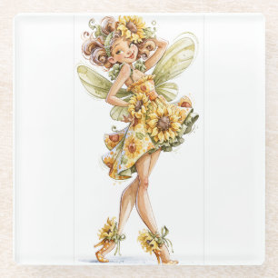 Dessous-de-verre En Verre Fée tournesol dans une robe fleurie fluide