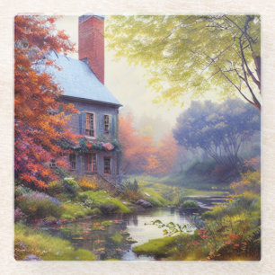 Dessous-de-verre En Verre Ferme/cours d'eau/bois/peinture