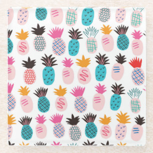 Dessous-de-verre En Verre Feuilles colorés d'ananas, doodle tropical.