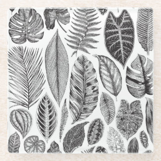 Dessous-de-verre En Verre Feuilles exotiques, vintage floral noir et blanc.