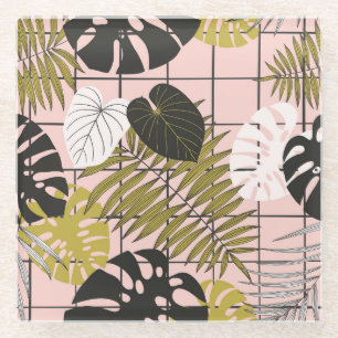 Dessous-de-verre En Verre Feuilles tropicaux, fleurs, motif peint à la main.