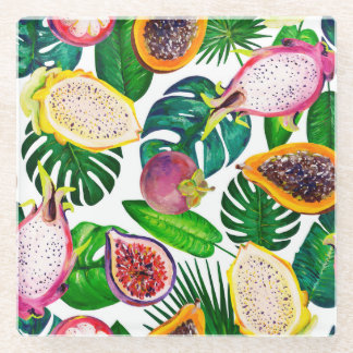 Dessous-de-verre En Verre Feuilles tropicaux, fruits, gouache sans couture m