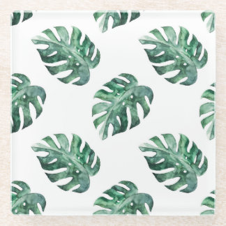 Dessous-de-verre En Verre Feuilles tropicaux verts, motif aquarelle