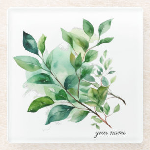 Dessous-de-verre En Verre Feuilles verts en aquarelle, personnalisable