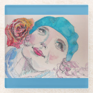 Dessous-de-verre En Verre Fille avec Rose rouge Beret Aquarelle